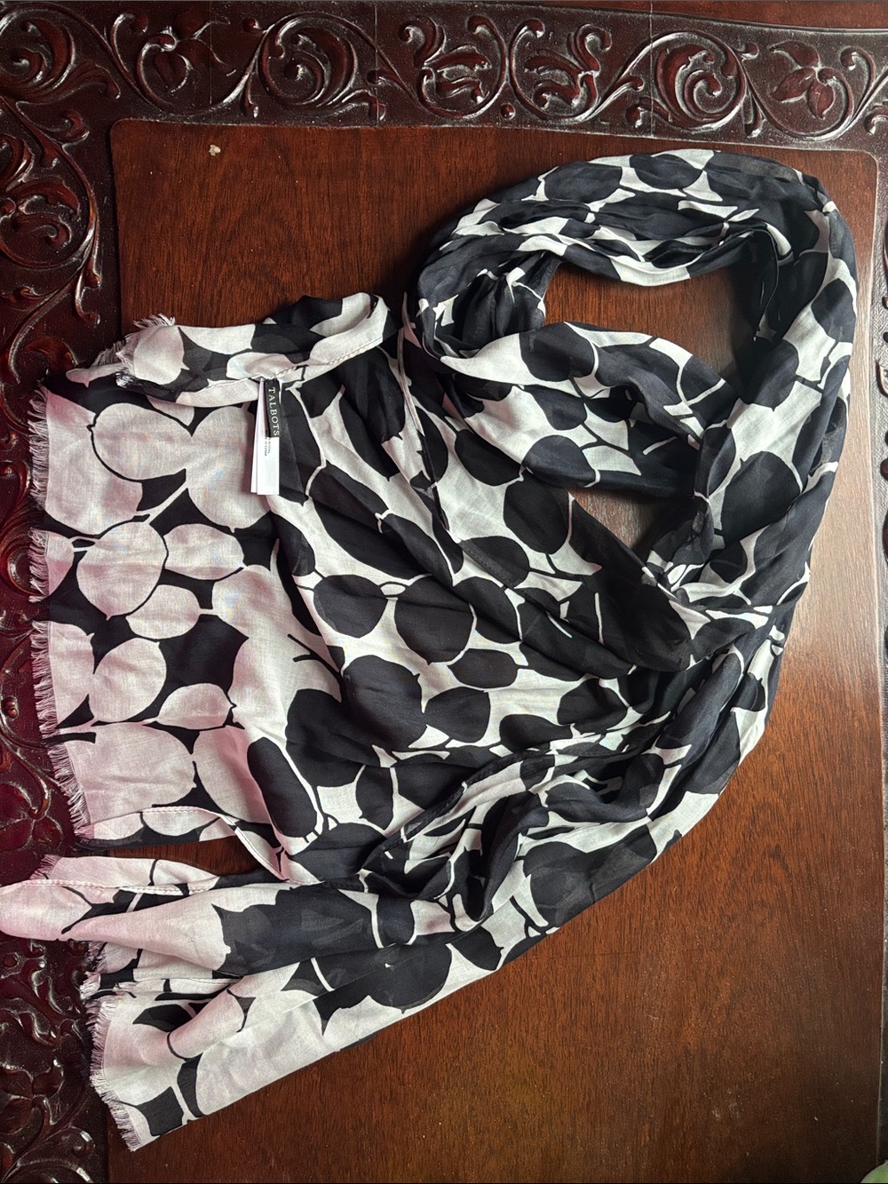 Talbots Long Rectangular Lightweight Black & White Floral Scarf